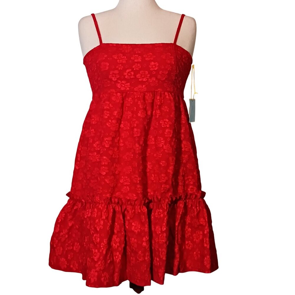 NEW CeCe Womens Floral‎ Print Babydoll Mini Dress Mars Red Size M Tiered Ruffled - Picture 6 of 12